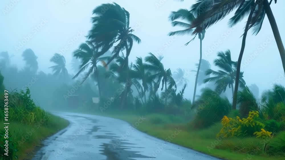 Poster a road with palm trees in the background and a storm in the distance. the palm trees are swaying in 