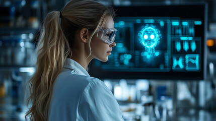 A female scientist in safety goggles and a lab coat observes advanced digital data on a futuristic screen in a modern research laboratory.