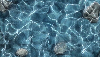 Obraz premium A blue water surface with rocks in it. The water is calm and the rocks are scattered throughout the water