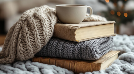 A warm ceramic mug rests on a cozy stack of knitted blankets and vintage books, creating a peaceful and inviting winter scene indoors.