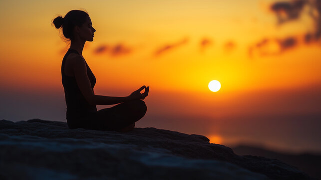 A peaceful person sits in a yoga pose meditating on a mountaintop at vibrant sunset, finding inner calm and wellness. - Powered by Adobe