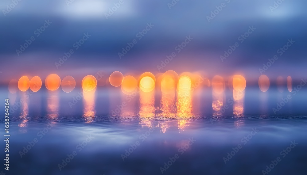 Poster a blurry image of a body of water with a reflection of lights on the surface. the lights are scatter