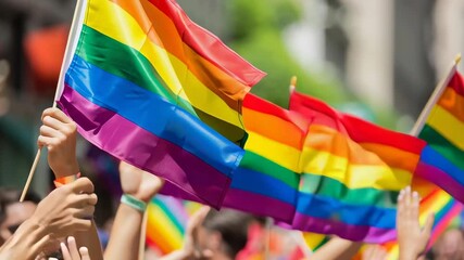 A group of people are holding rainbow flags in a parade. The flags are colorful and vibrant, representing the LGBTQ community. Scene is celebratory. - Powered by Adobe