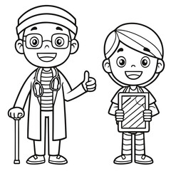 Coloring book doctor attending patient, black and white vector illustration perfect for educational activities, creative worksheets, printable art projects, and children’s healthcare coloring pages.