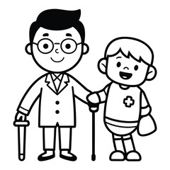 Coloring book doctor attending patient, black and white vector illustration perfect for educational activities, creative worksheets, printable art projects, and children&rsquo;s healthcare coloring pages.
