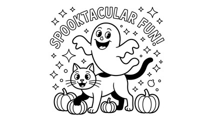 Spooktacular fun ghost and cat with pumpkins halloween