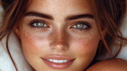 A close up view of a beautiful person with glowing skin and many natural freckles, smiling gently and looking directly at the camera.