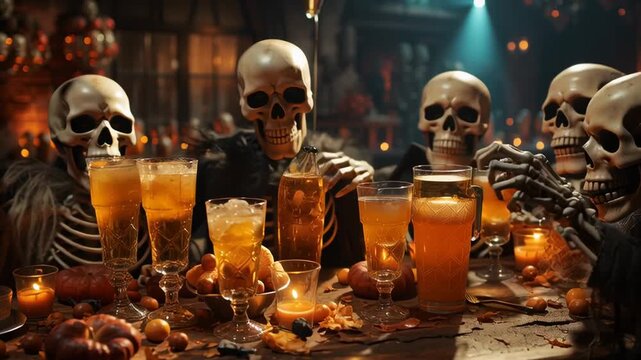 Skeletons gather around a table filled with drinks and snacks, enjoying a Halloween party. Dimly lit interior creates a festive setting perfect for celebrations