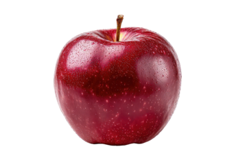 Close-up of a vibrant, deep red apple.  A glossy, round fruit with water droplets.  Stem is visible.  Dark background