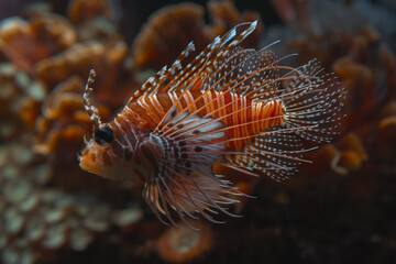 A juvenile lionfish with red and white striped fins swims near an orange coral in a dark aquarium.