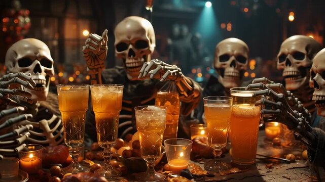 Skeletons celebrate Halloween with drinks on a decorated table. Spooky ambiance with dim lighting and festive decor sets the mood. Concept of Halloween, party planning, event decoration