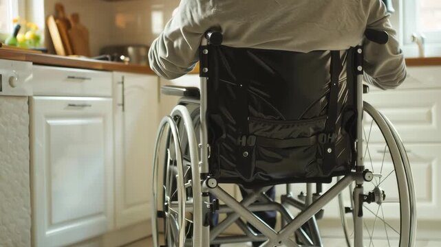 A man in a wheelchair sits in a kitchen. The kitchen is clean and well-lit. The man is waiting for someone or something
