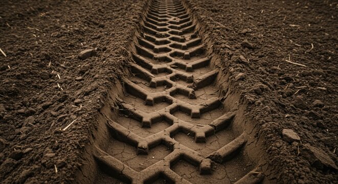 Tire tracks deeply impressed into brown soil with scattered straw