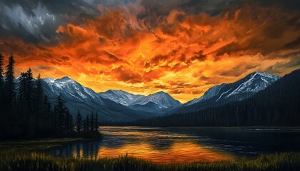 A painting of a mountain range with a lake and a sunset. The sky is orange and the mountains are covered in snow