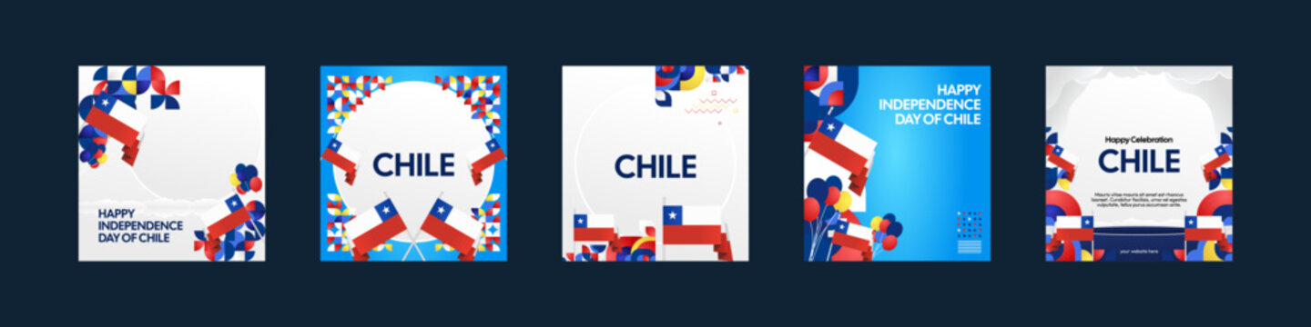 Chile Independence Day template set. National day poster background with flag and modern geometric shapes. Social media covers, creative greeting cards, templates, and post