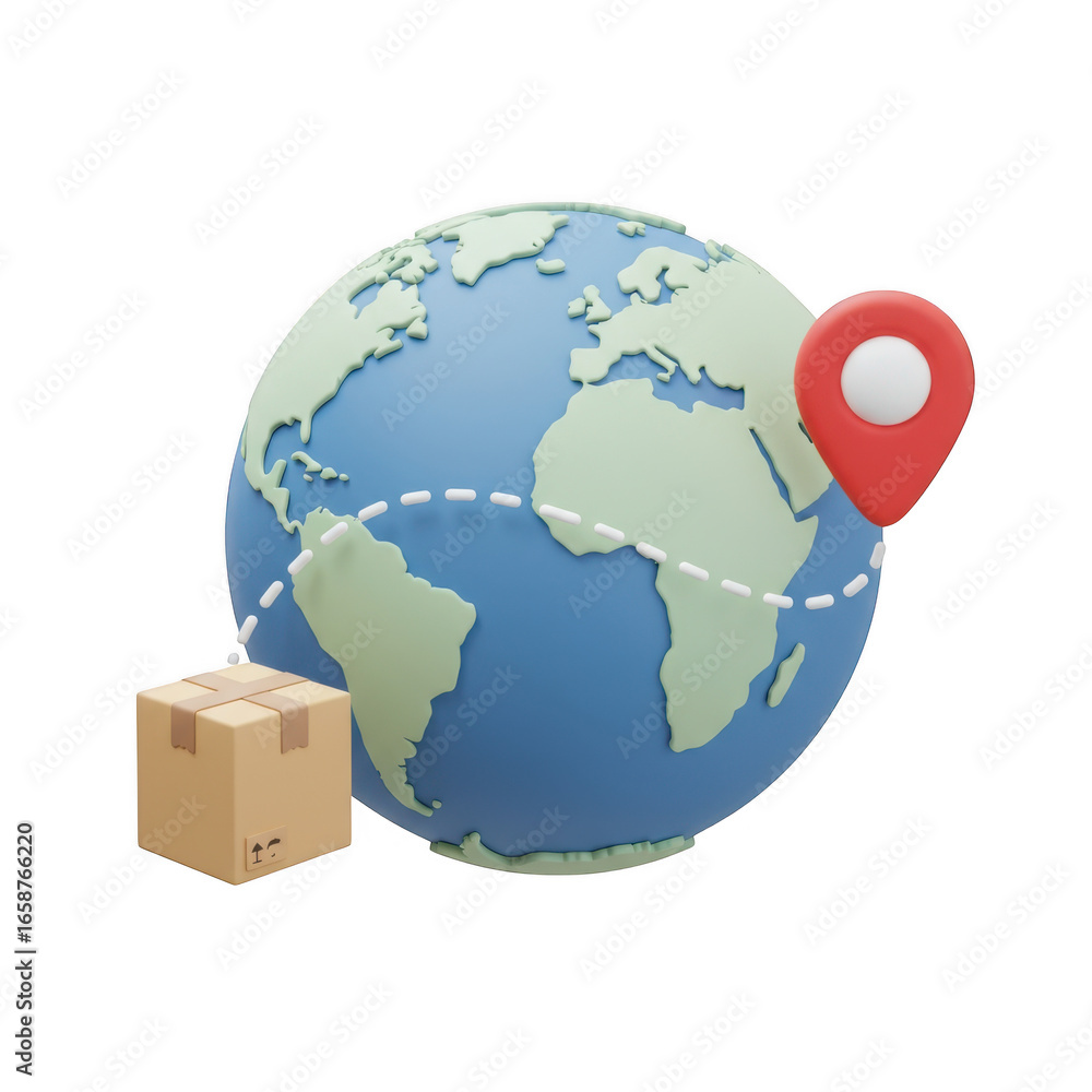 Poster 3d global shipping and logistics with package and map pin isolated on transparent background