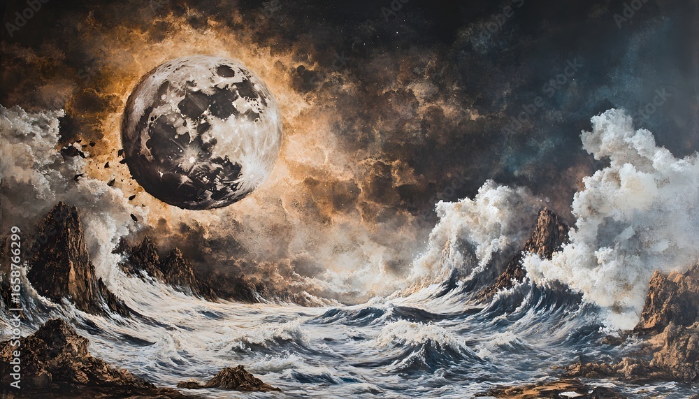 Poster a painting of a moon in the sky with a large wave in the foreground. the moon is surrounded by a dar
