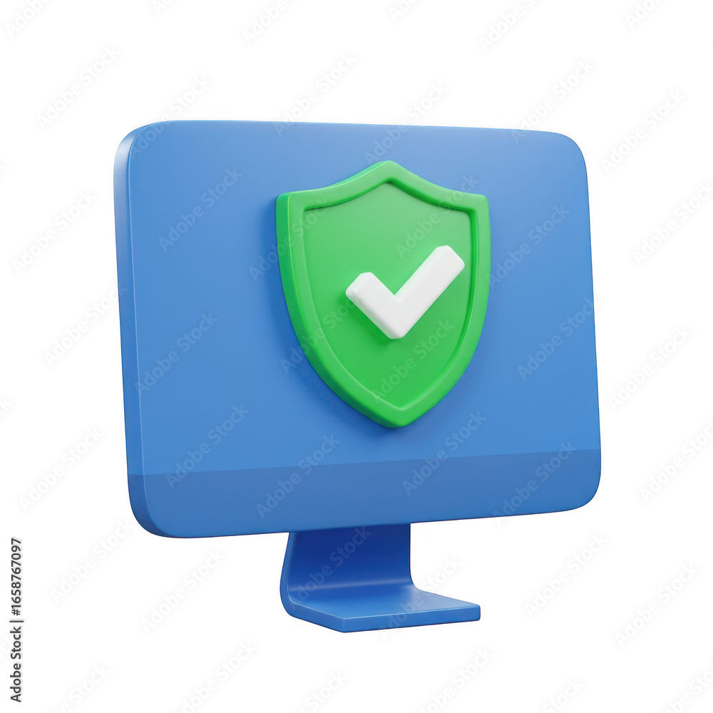 Poster 3d computer monitor with security shield icon isolated on transparent background