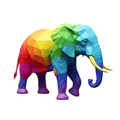 Vibrant rainbow colored polygonal elephant standing majestically isolated on transparent background