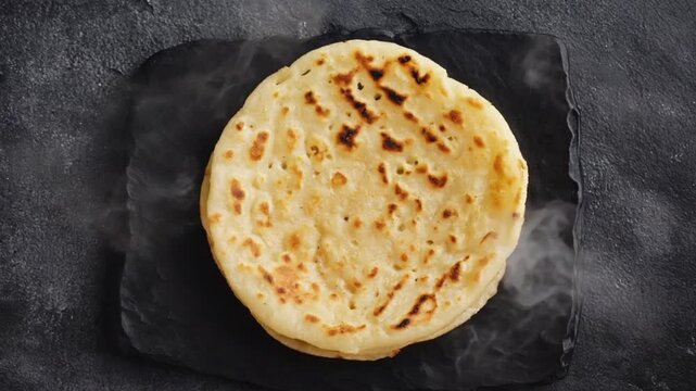 columbian arepa food on black stone background video zoom in