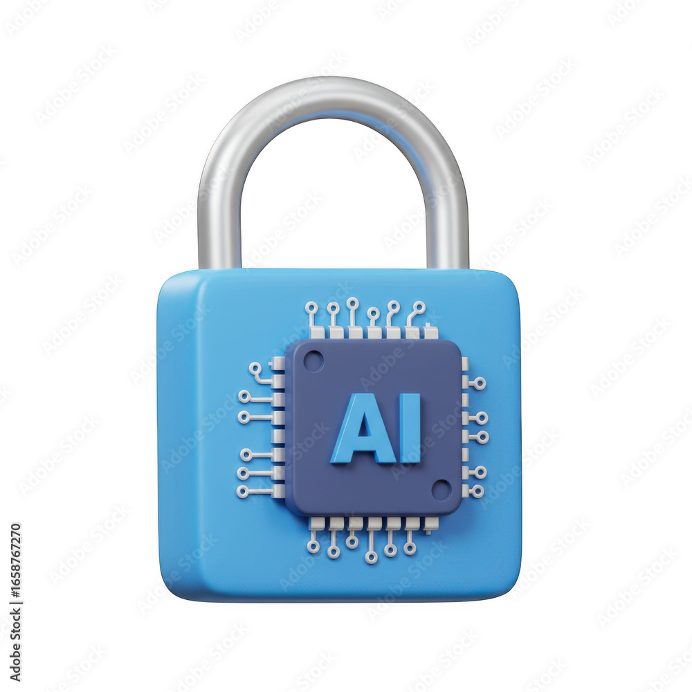 Poster 3d ai security padlock with integrated circuit isolated on transparent background