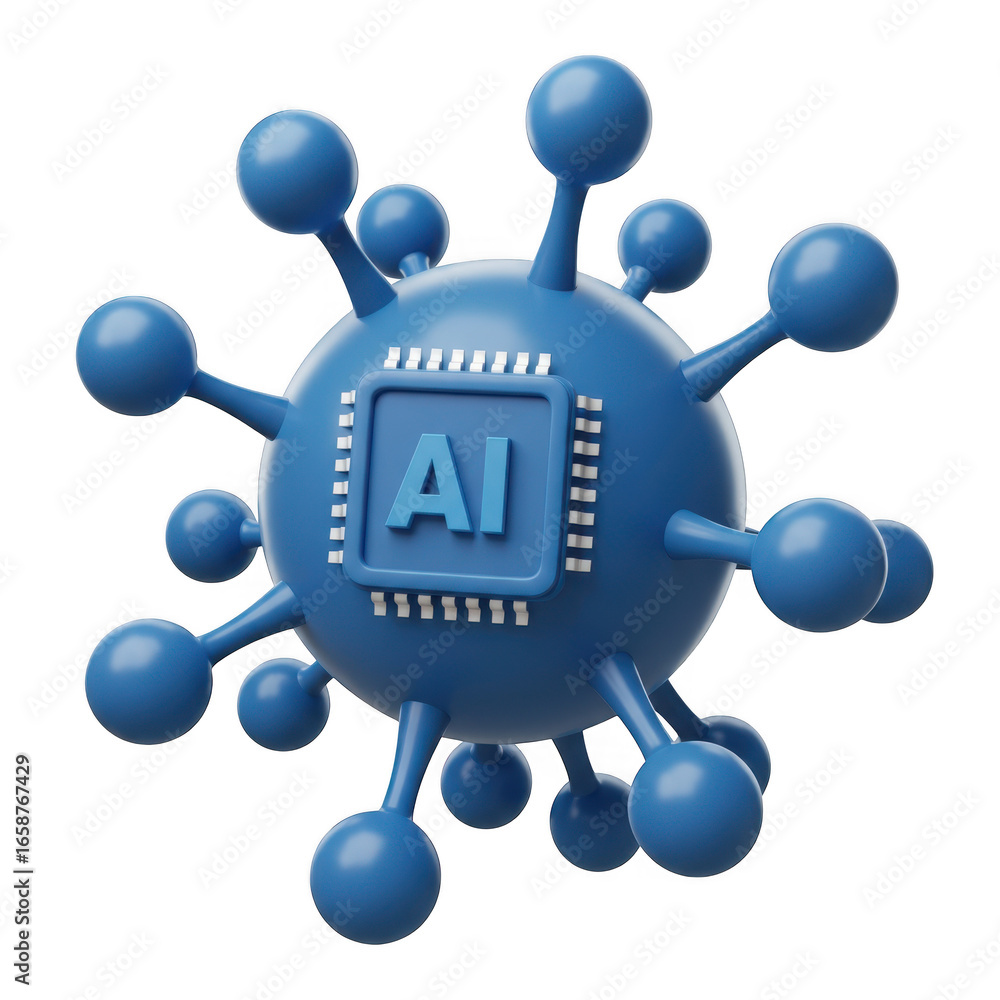 Poster 3d ai virus concept with microchip isolated on transparent background