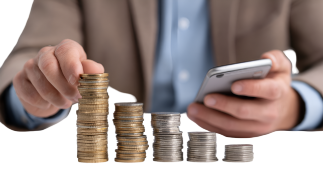 Stacks of coins and a smartphone isolated on transparent background, financial growth