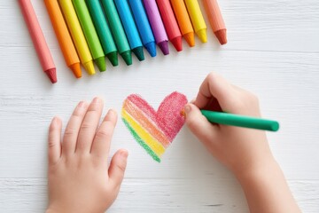 Naklejka premium Child drawing a rainbow heart with crayons on white wooden table