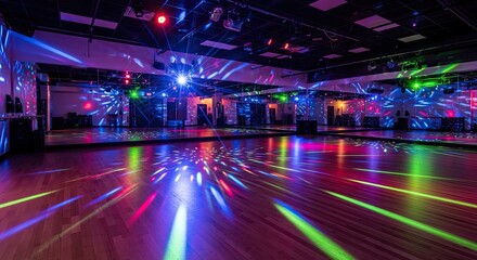 Empty Roller Skating Rink with Vibrant Disco Lights and Wooden Floor