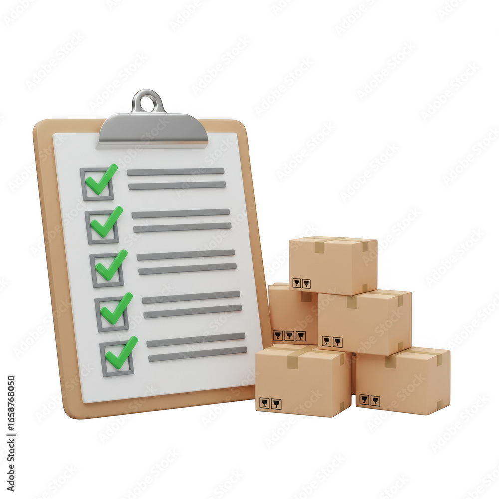Poster 3d checklist clipboard with cardboard boxes isolated on transparent background