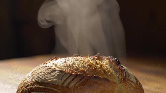 Artisan Bread with Steam on Rustic Wooden Table - Fresh Bakery Delights