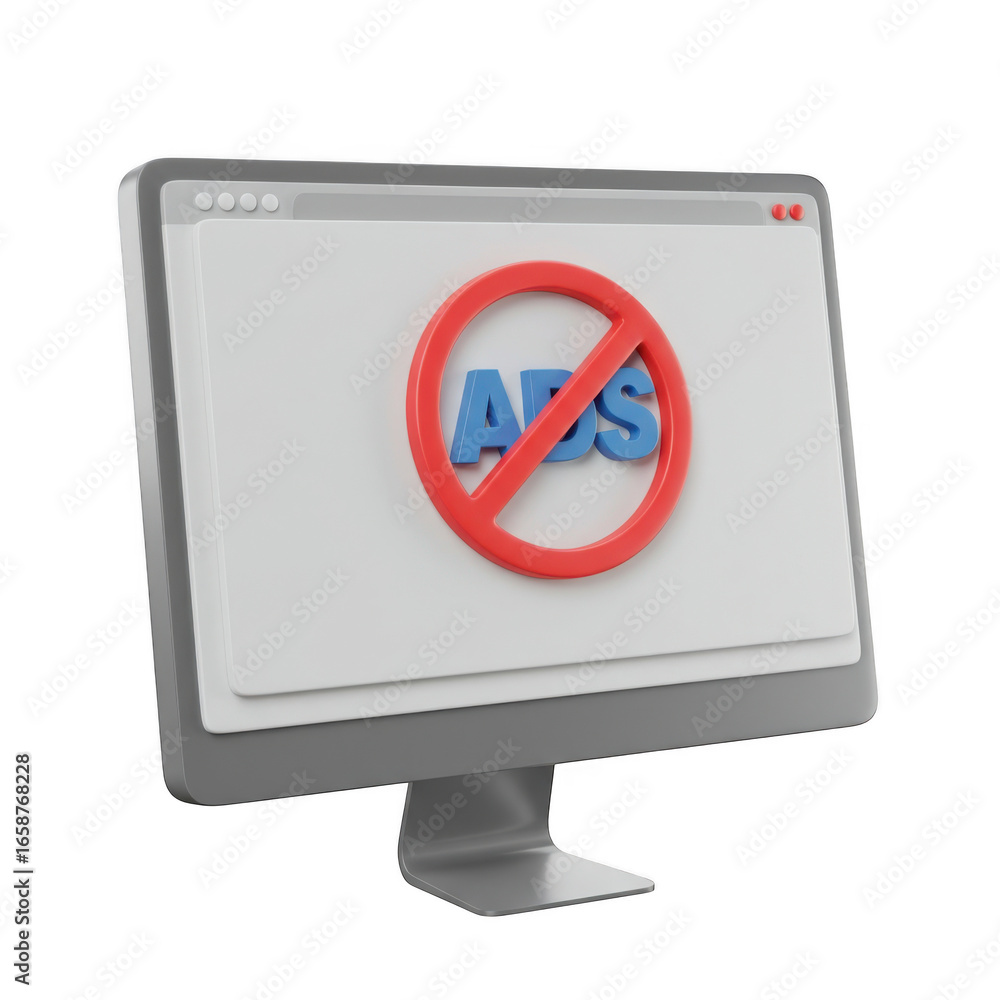 Poster 3d computer monitor displaying ad blocker symbol isolated on transparent background