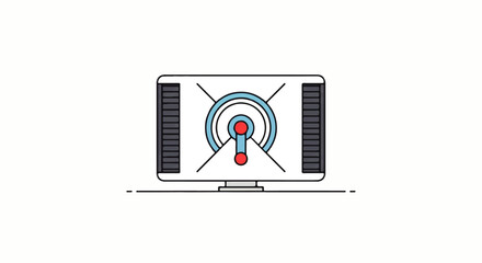 Stylized retro television with a circular graphic display and side speaker grilles.