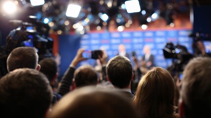 Naklejka premium press conference with crowd of people and cameras