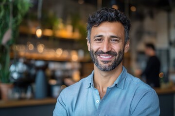 Fototapeta premium Cheerful man smiling in a modern cafe setting, showcasing the warmth and friendliness of social interactions in a contemporary ambiance filled with vibrant energy.