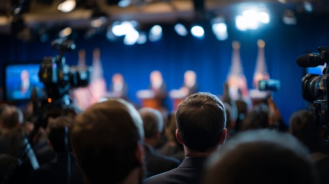 crowd of people and cameras at press conference