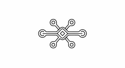 Symmetrical network hub icon in black line art with a central diamond and six connecting nodes.