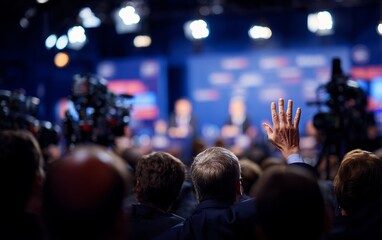 person raising hand at political conference