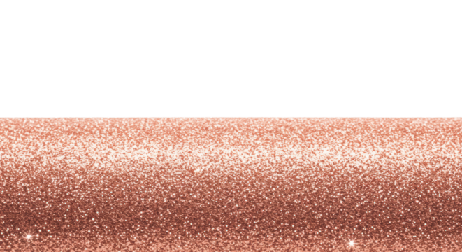 A wide, horizontal band of finely detailed, sparkling rose gold metallic glitter particles with multi-faceted shimmer and high texture against a transparent studio background, luxury celebration