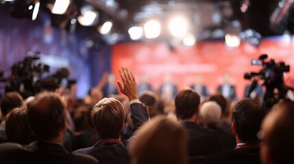 person raising hand at conference event