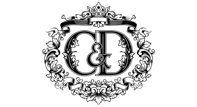 Vintage CD monogram with ampersand framed by ornate acanthus leaves and a royal crown.