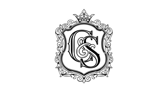 Vintage CS monogram with interlocking letters inside an ornate heraldic shield with a royal crown.