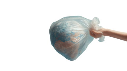 Earth in a plastic bag held by a hand isolated on transparent background