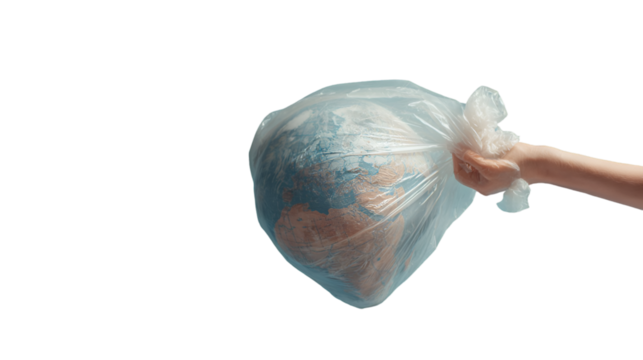 Earth in a plastic bag held by a hand isolated on transparent background