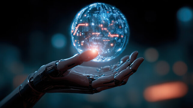 A robotic hand holds a glowing digital globe, symbolizing technology and innovation.