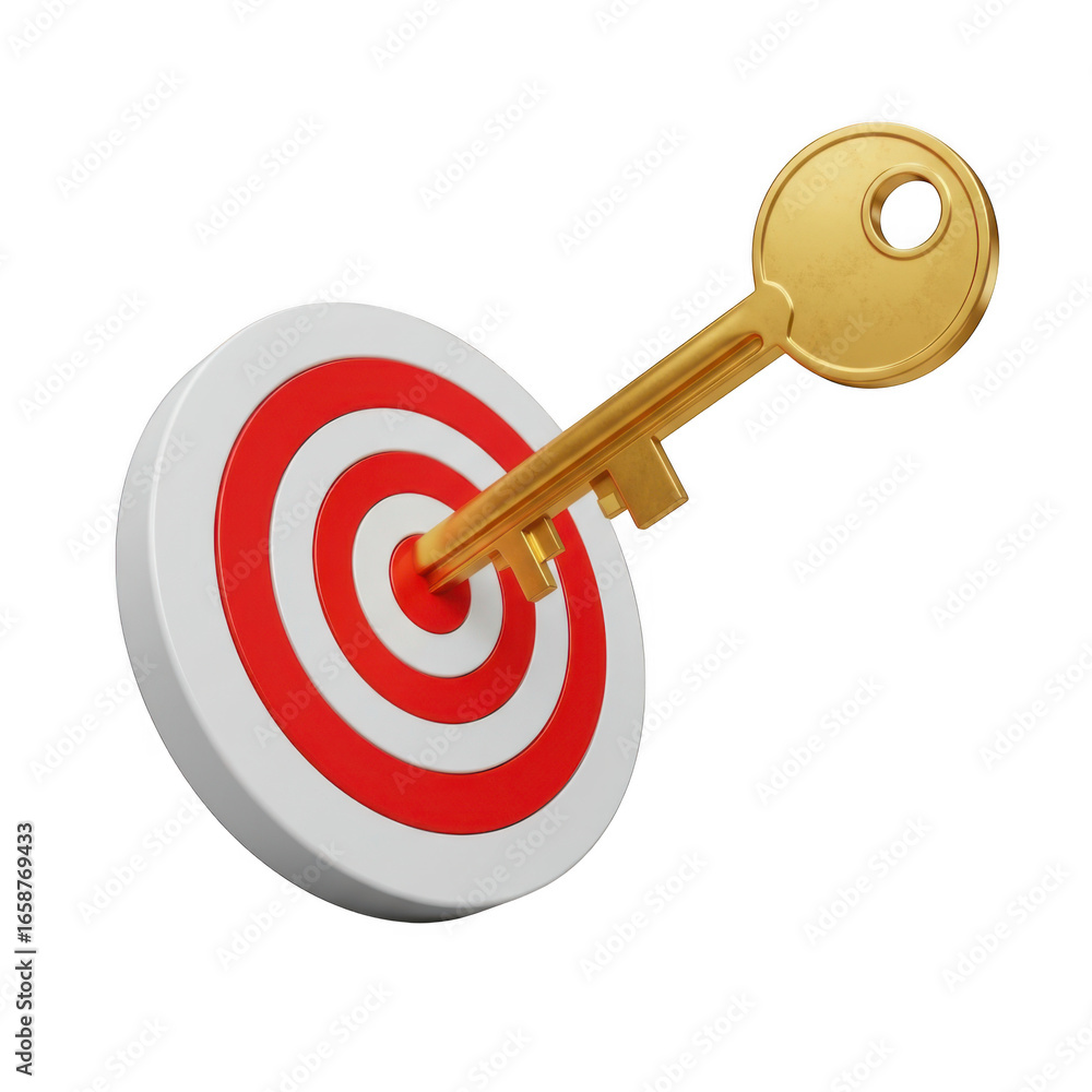 Poster 3d golden key piercing a target isolated on transparent background