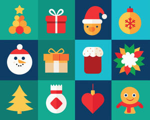 Vector art of collection of flat christmas icons including tree, gift, snowman, and santa hat