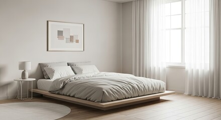 Bright Minimalist Bedroom with Wooden Bed and Natural Light, Peaceful Home Interior