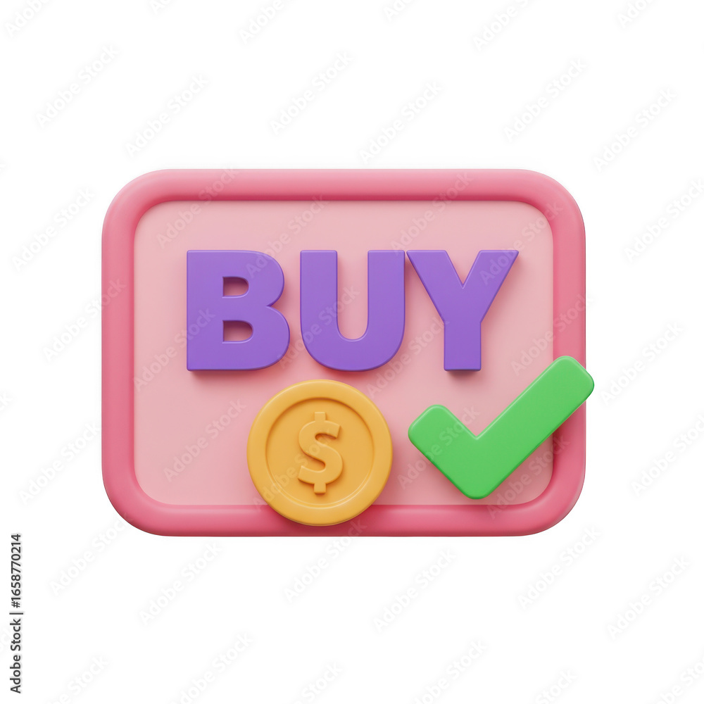 Poster 3d buy button with coin and checkmark isolated on transparent background