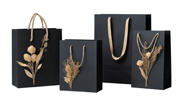 Four dark gray gift bags, each featuring a pressed flower arrangement in muted beige and tan